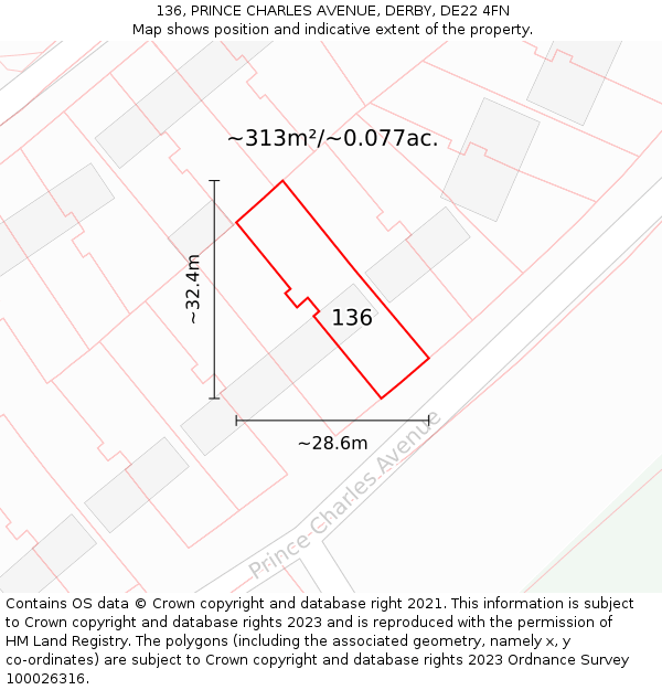 136, PRINCE CHARLES AVENUE, DERBY, DE22 4FN: Plot and title map