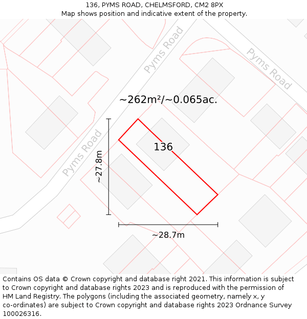 136, PYMS ROAD, CHELMSFORD, CM2 8PX: Plot and title map