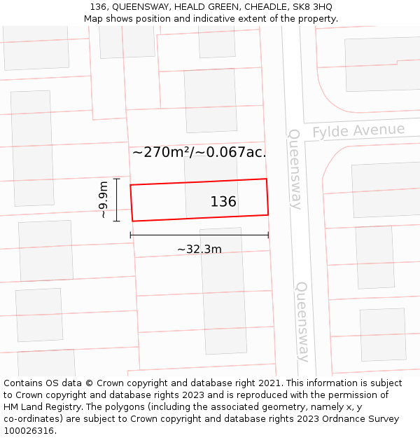 136, QUEENSWAY, HEALD GREEN, CHEADLE, SK8 3HQ: Plot and title map