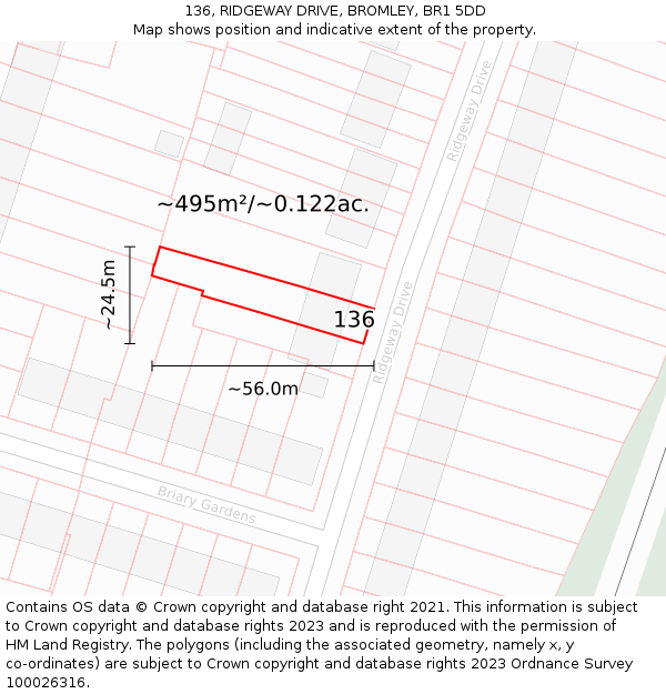 136, RIDGEWAY DRIVE, BROMLEY, BR1 5DD: Plot and title map