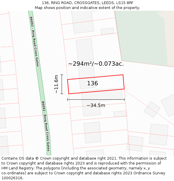 136, RING ROAD, CROSSGATES, LEEDS, LS15 8RF: Plot and title map