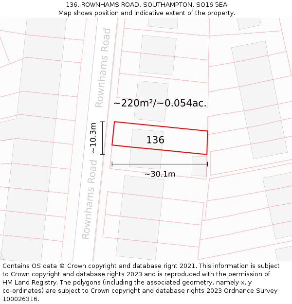 136, ROWNHAMS ROAD, SOUTHAMPTON, SO16 5EA: Plot and title map