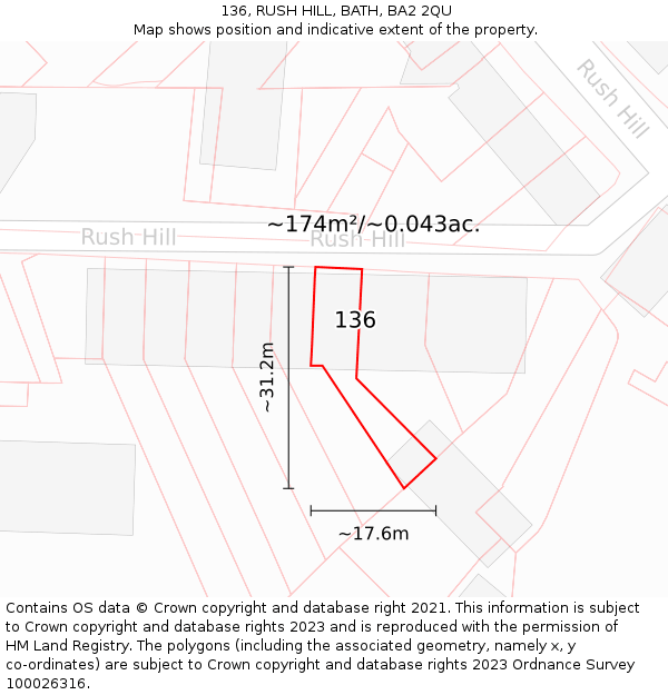 136, RUSH HILL, BATH, BA2 2QU: Plot and title map