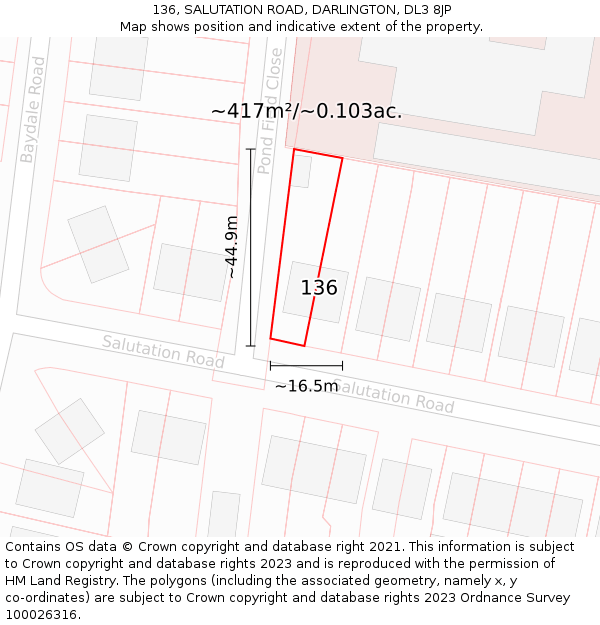 136, SALUTATION ROAD, DARLINGTON, DL3 8JP: Plot and title map
