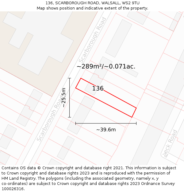 136, SCARBOROUGH ROAD, WALSALL, WS2 9TU: Plot and title map