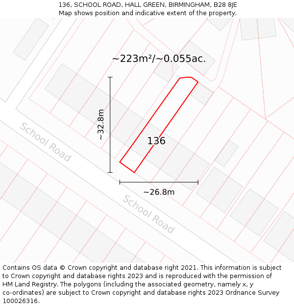136, SCHOOL ROAD, HALL GREEN, BIRMINGHAM, B28 8JE: Plot and title map