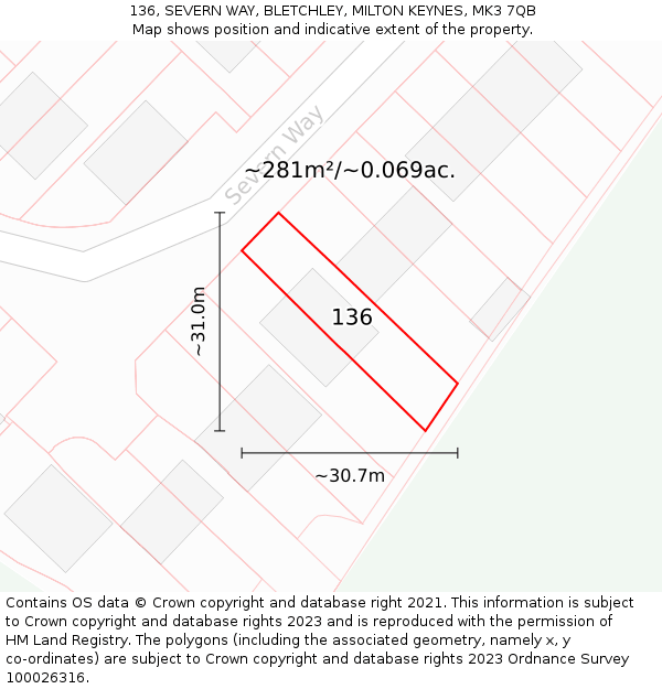 136, SEVERN WAY, BLETCHLEY, MILTON KEYNES, MK3 7QB: Plot and title map
