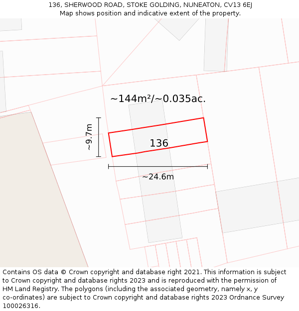 136, SHERWOOD ROAD, STOKE GOLDING, NUNEATON, CV13 6EJ: Plot and title map