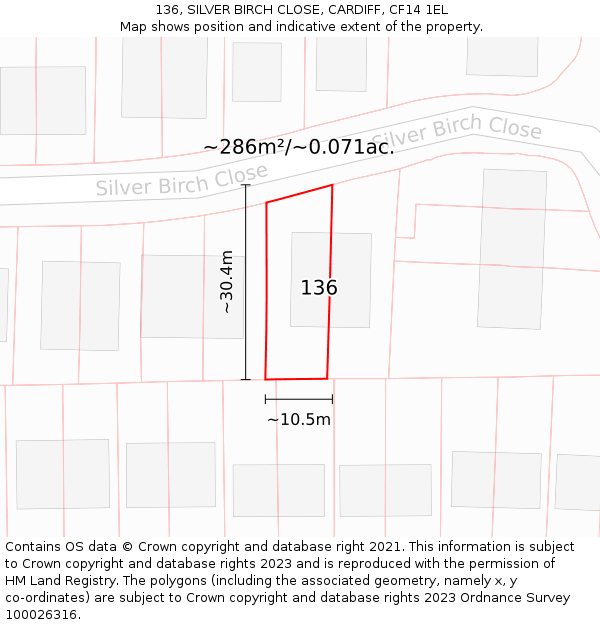 136, SILVER BIRCH CLOSE, CARDIFF, CF14 1EL: Plot and title map