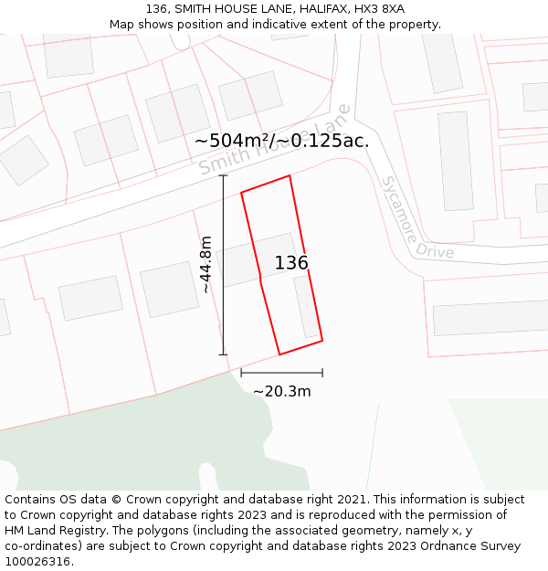 136, SMITH HOUSE LANE, HALIFAX, HX3 8XA: Plot and title map