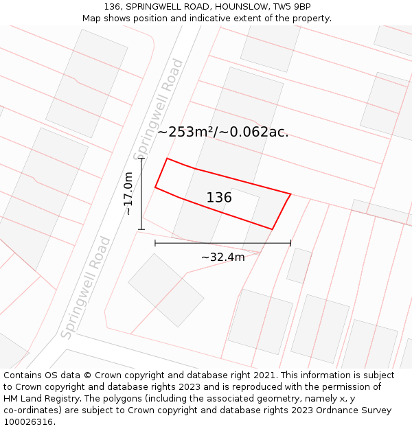 136, SPRINGWELL ROAD, HOUNSLOW, TW5 9BP: Plot and title map