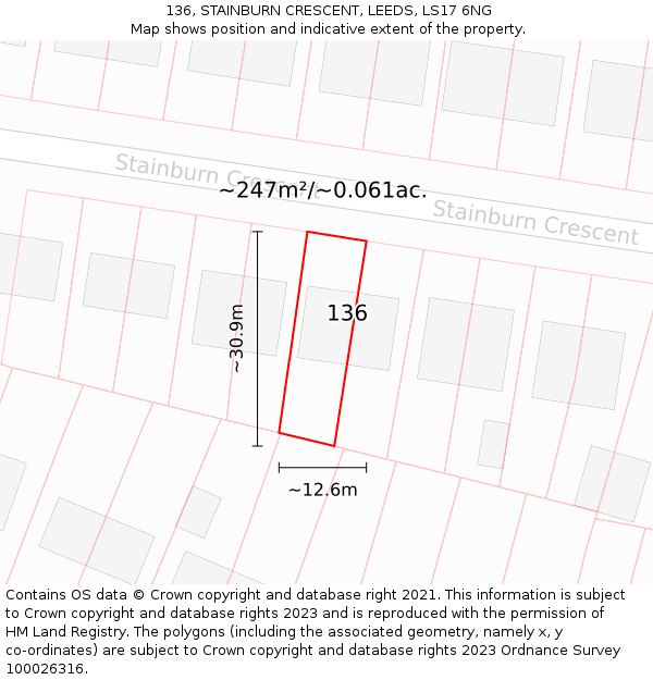 136, STAINBURN CRESCENT, LEEDS, LS17 6NG: Plot and title map