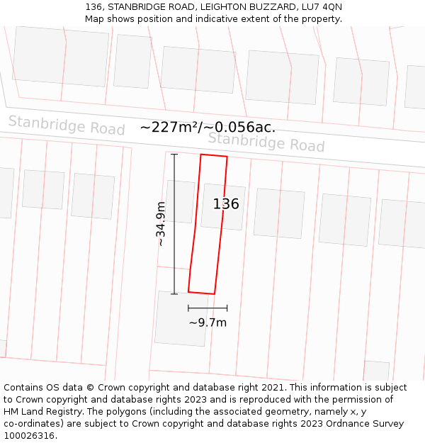 136, STANBRIDGE ROAD, LEIGHTON BUZZARD, LU7 4QN: Plot and title map