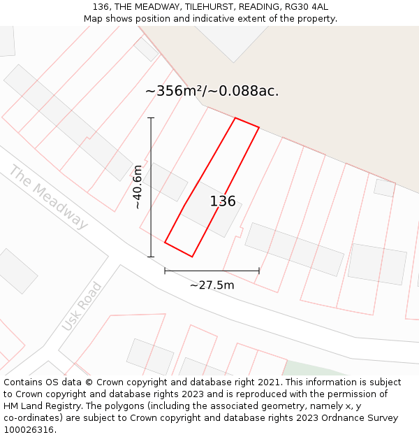 136, THE MEADWAY, TILEHURST, READING, RG30 4AL: Plot and title map