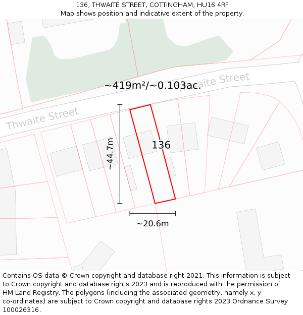 136, THWAITE STREET, COTTINGHAM, HU16 4RF: Plot and title map