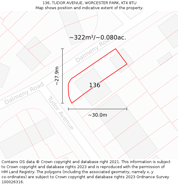 136, TUDOR AVENUE, WORCESTER PARK, KT4 8TU: Plot and title map