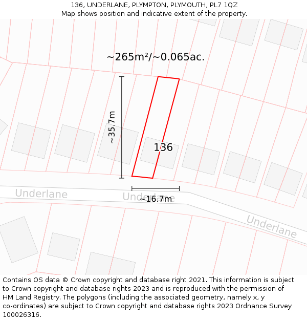 136, UNDERLANE, PLYMPTON, PLYMOUTH, PL7 1QZ: Plot and title map