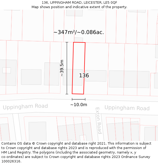 136, UPPINGHAM ROAD, LEICESTER, LE5 0QF: Plot and title map