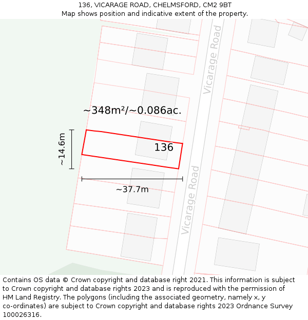 136, VICARAGE ROAD, CHELMSFORD, CM2 9BT: Plot and title map