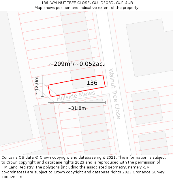 136, WALNUT TREE CLOSE, GUILDFORD, GU1 4UB: Plot and title map
