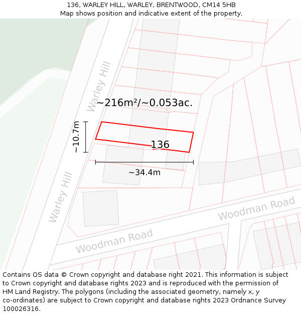 136, WARLEY HILL, WARLEY, BRENTWOOD, CM14 5HB: Plot and title map