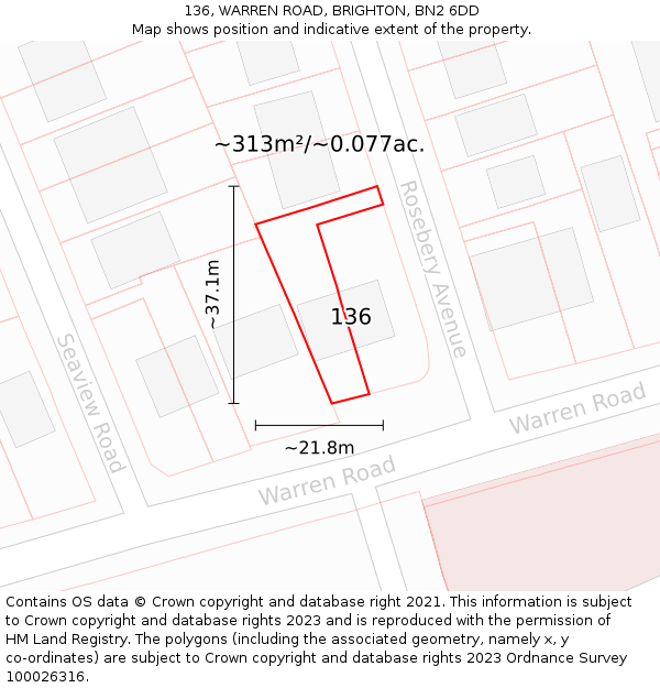 136, WARREN ROAD, BRIGHTON, BN2 6DD: Plot and title map