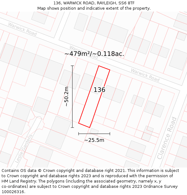 136, WARWICK ROAD, RAYLEIGH, SS6 8TF: Plot and title map