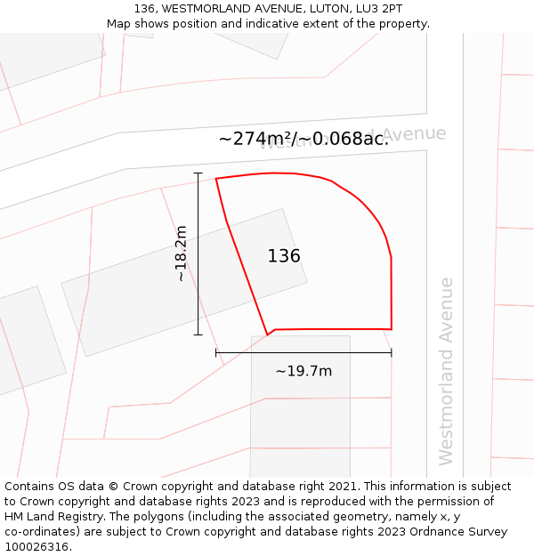 136, WESTMORLAND AVENUE, LUTON, LU3 2PT: Plot and title map