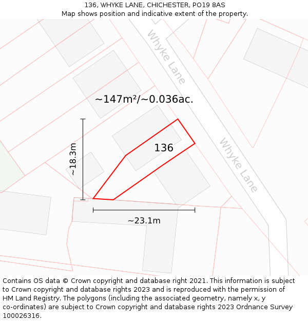 136, WHYKE LANE, CHICHESTER, PO19 8AS: Plot and title map