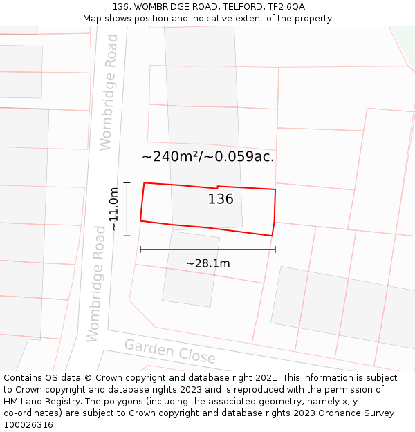 136, WOMBRIDGE ROAD, TELFORD, TF2 6QA: Plot and title map