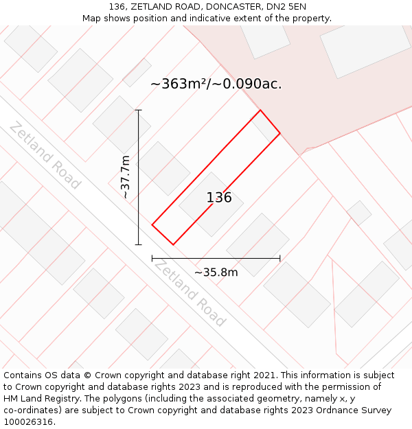 136, ZETLAND ROAD, DONCASTER, DN2 5EN: Plot and title map