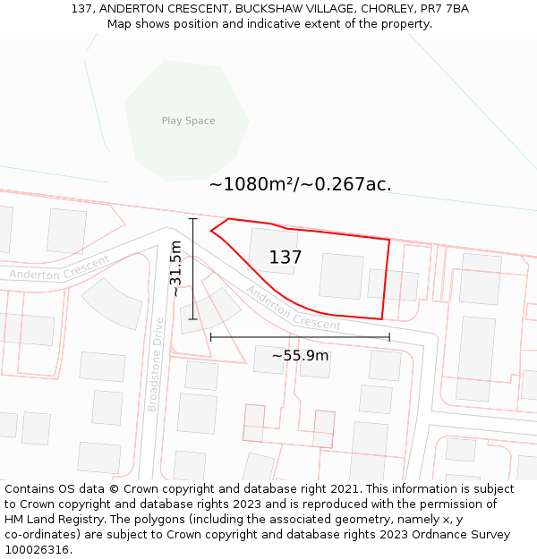 137, ANDERTON CRESCENT, BUCKSHAW VILLAGE, CHORLEY, PR7 7BA: Plot and title map