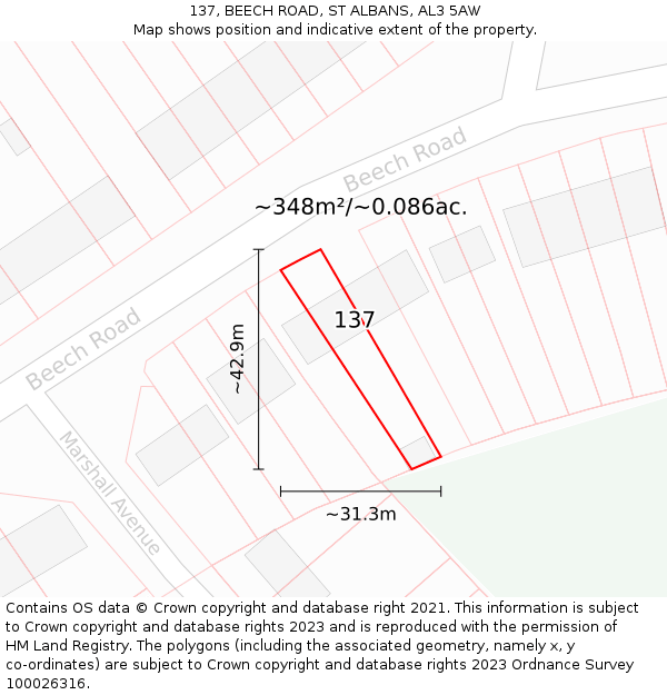 137, BEECH ROAD, ST ALBANS, AL3 5AW: Plot and title map