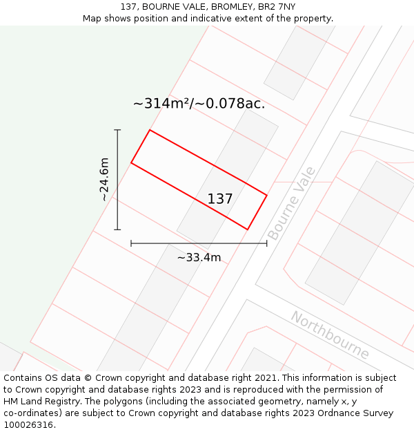 137, BOURNE VALE, BROMLEY, BR2 7NY: Plot and title map