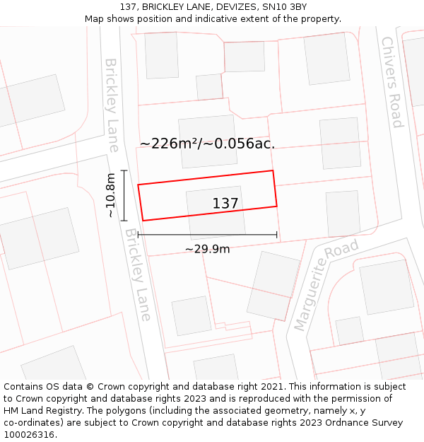 137, BRICKLEY LANE, DEVIZES, SN10 3BY: Plot and title map