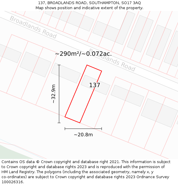 137, BROADLANDS ROAD, SOUTHAMPTON, SO17 3AQ: Plot and title map
