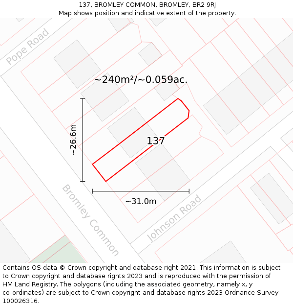 137, BROMLEY COMMON, BROMLEY, BR2 9RJ: Plot and title map