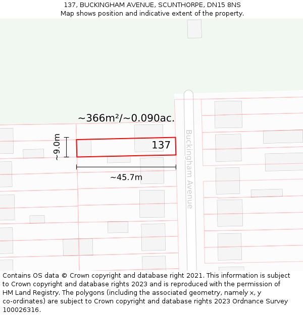137, BUCKINGHAM AVENUE, SCUNTHORPE, DN15 8NS: Plot and title map
