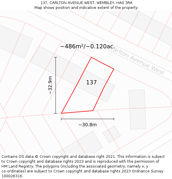 137, CARLTON AVENUE WEST, WEMBLEY, HA0 3RA: Plot and title map