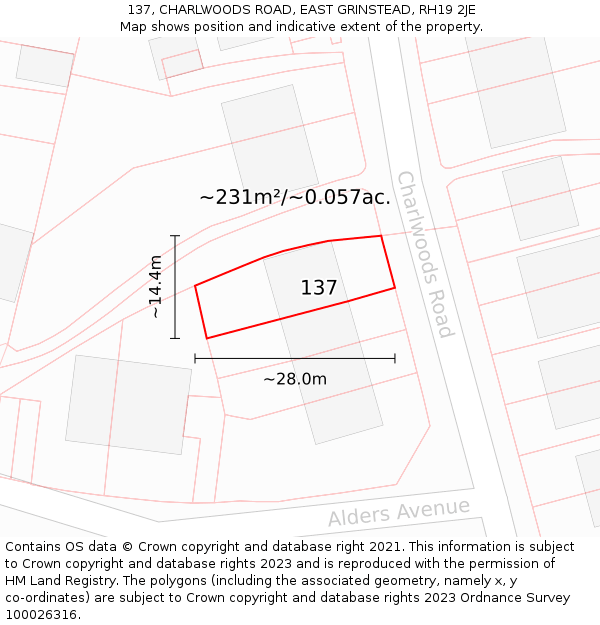 137, CHARLWOODS ROAD, EAST GRINSTEAD, RH19 2JE: Plot and title map