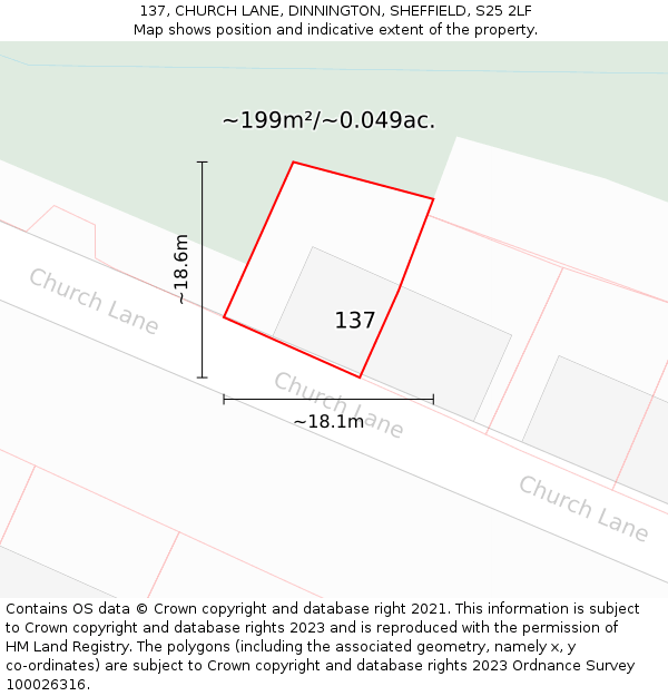 137, CHURCH LANE, DINNINGTON, SHEFFIELD, S25 2LF: Plot and title map