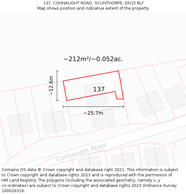 137, CONNAUGHT ROAD, SCUNTHORPE, DN15 8LF: Plot and title map