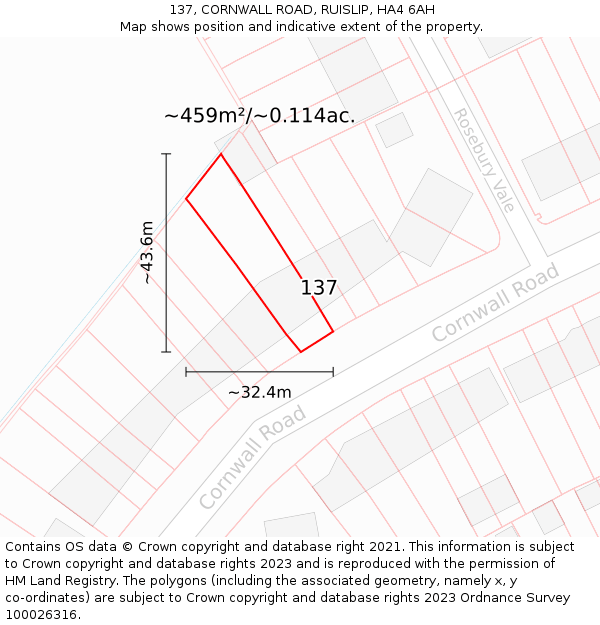 137, CORNWALL ROAD, RUISLIP, HA4 6AH: Plot and title map