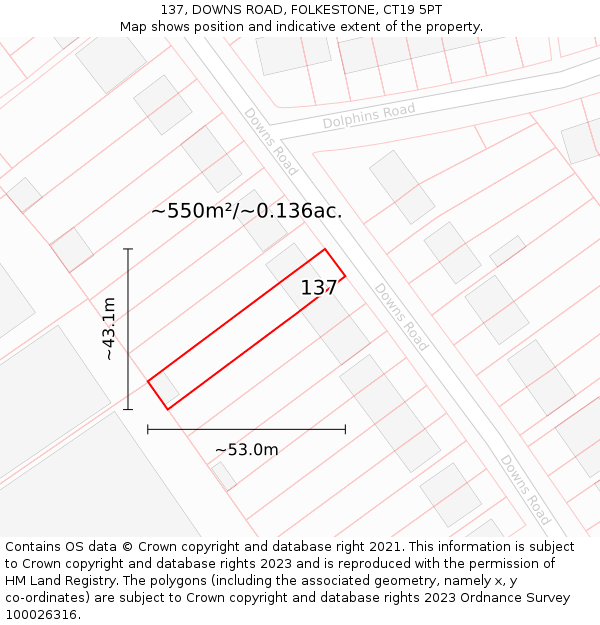 137, DOWNS ROAD, FOLKESTONE, CT19 5PT: Plot and title map