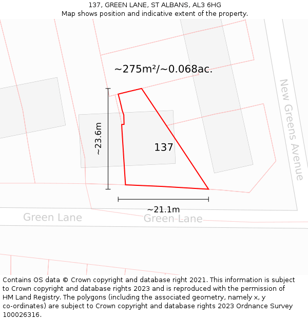 137, GREEN LANE, ST ALBANS, AL3 6HG: Plot and title map