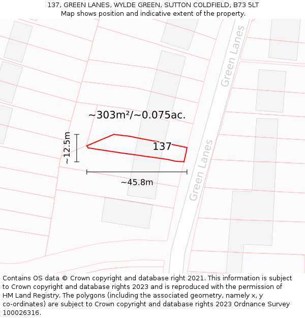 137, GREEN LANES, WYLDE GREEN, SUTTON COLDFIELD, B73 5LT: Plot and title map