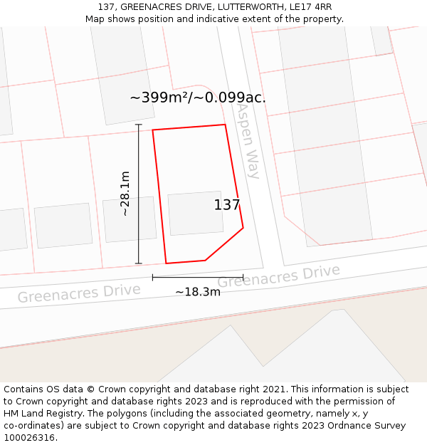 137, GREENACRES DRIVE, LUTTERWORTH, LE17 4RR: Plot and title map
