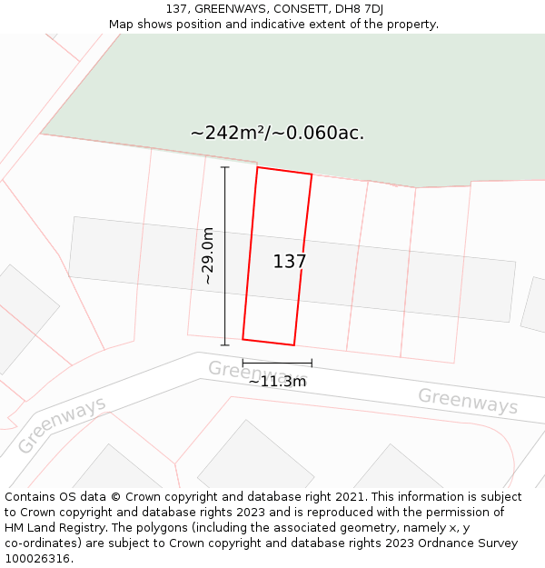 137, GREENWAYS, CONSETT, DH8 7DJ: Plot and title map