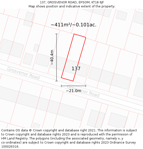 137, GROSVENOR ROAD, EPSOM, KT18 6JF: Plot and title map
