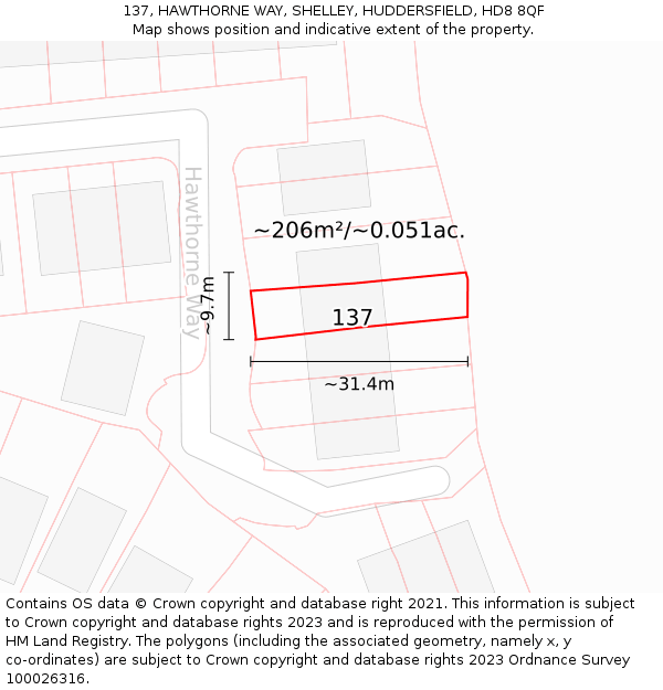 137, HAWTHORNE WAY, SHELLEY, HUDDERSFIELD, HD8 8QF: Plot and title map